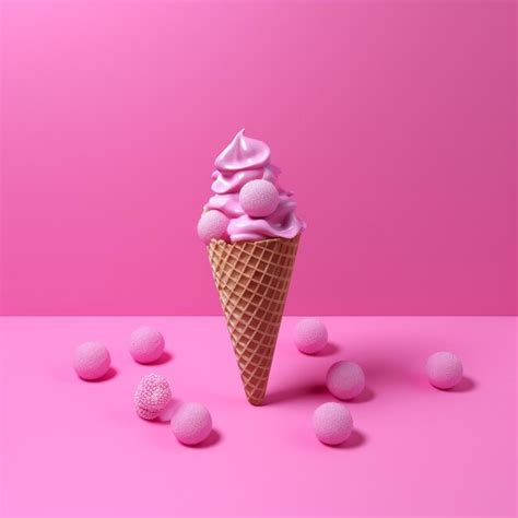 Premium Ai Image Pink Ice Cream In Waffle Cone