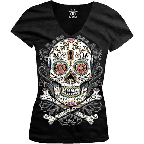 Floral Skull Ladies Junior Fit V Neck T Shirt My Sugar Skulls