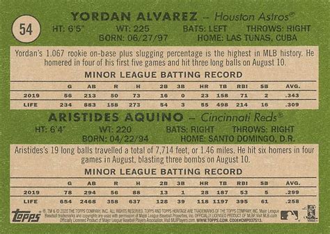 2020 Topps Heritage 54 Alnl 2020 Rookie Stars Yordan Alvarez