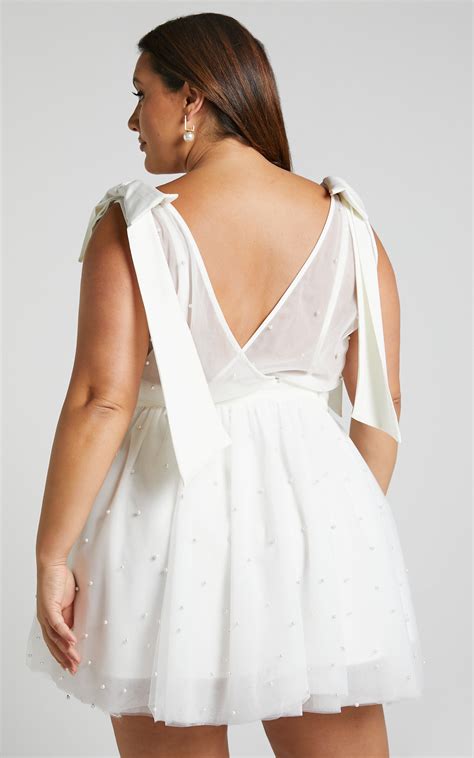 Karalyn Mini Dress Bow Strap Plunge Pearl Detail Dress In White