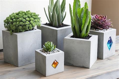 Premium AI Image DIY Concrete Planters With Embedded Gemstone Accents