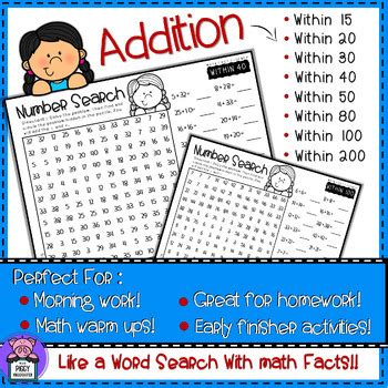 Math Fact Fluency Addition And Subtraction Number Search Games Bundle