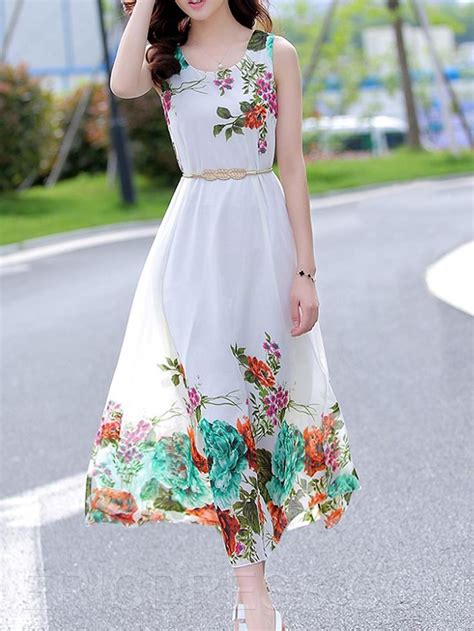 $ 26.59 Ericdress Flower Print Sleeveless Maxi Dress | Floral print chiffon dress, Pretty ...