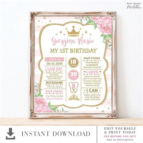 Diy Royal Princess St Birthday Chalkboard Poster Pink Floral Etsy