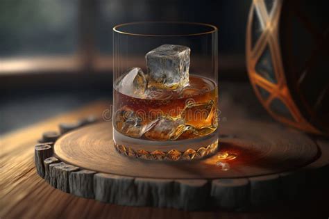 Expensive Luxury Alcoholic Drink In Glass With Ice Cubes Standing On