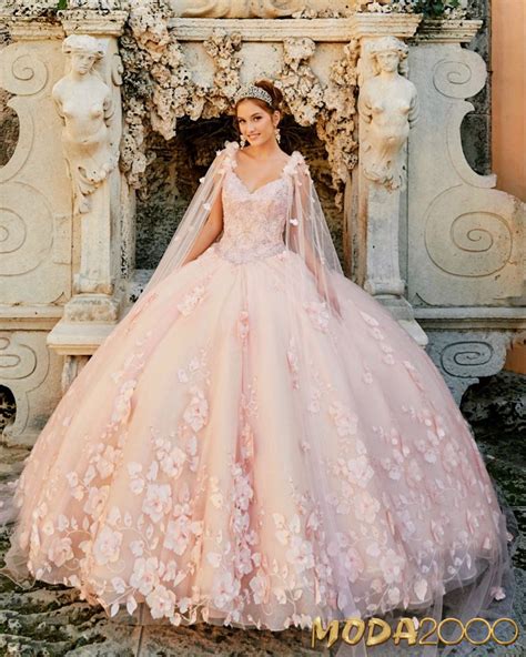 Unique Blush Pink Flowered Quinceañera Dress With Cape Vestidos De