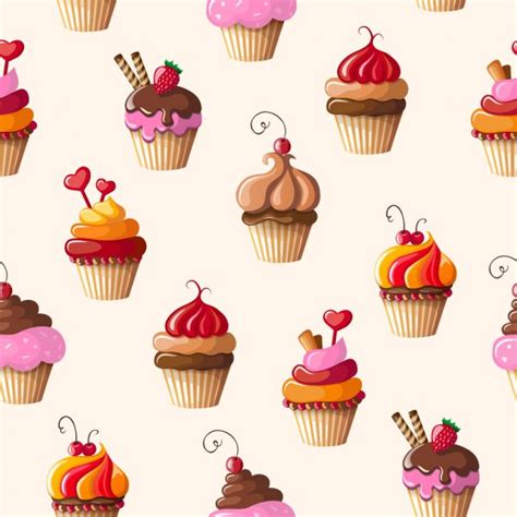 Cupcakes Colorful Seamless Pattern On White Background Vector Cu