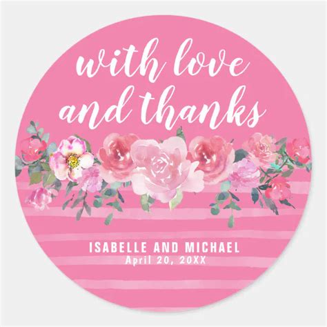 Pink Watercolor Floral And Stripes Wedding Classic Round Sticker Zazzle