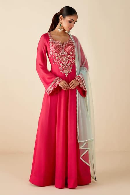 Buy Pink Georgette Crepe Hand Embroidered Floral Anarkali With Dupatta