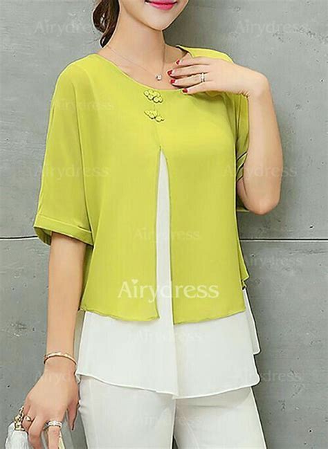 Acevog Womens Casual Scoop Neck Loose Top 3 4 Sleeve Chiffon Blouse