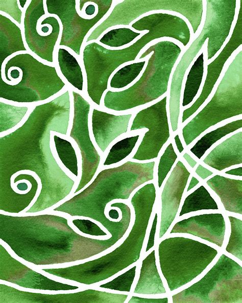 Art Nouveau Batik Style Leaves And Lines Green Pattern Watercolor