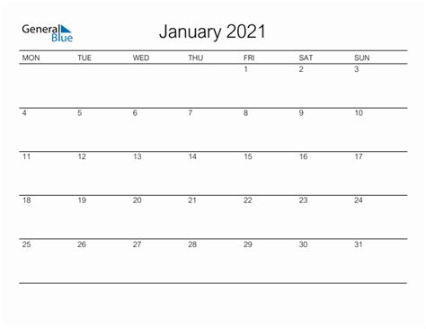 January 2021 Monthly Calendar Templates With Monday Start