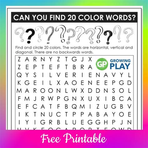 Colors Word Search Free Printable A Rainbow Of Fun Growing Play