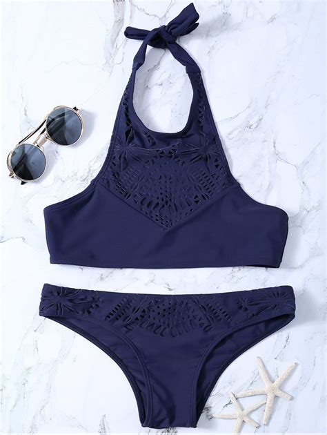 18 49 High Neck Laser Cut Bikini PURPLISH BLUE XL Bandeau Bikini Set