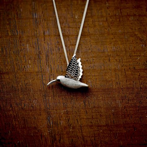 Sterling Silver Large Hummingbird Pendant Silver Bird Necklace