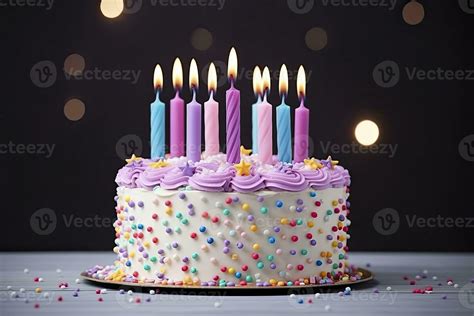 Colourful Birthday Cake With Candles Ai Generated Stock Photo