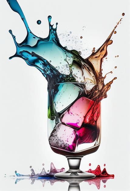 Premium Ai Image Brightly Colored Liquid Splashing Into A Glass Of Ice Cubes Generative Ai