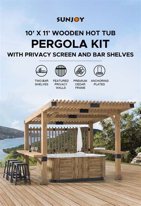 Sunjoy Outdoor Patio Grill Gazebo 10×11 Wooden Frame Hot Tub Pergola Kit With Privacy Screen And