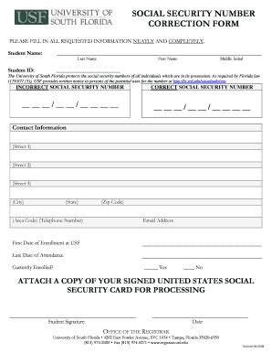 Fillable Online Registrar Usf Social Security Number Correction Form