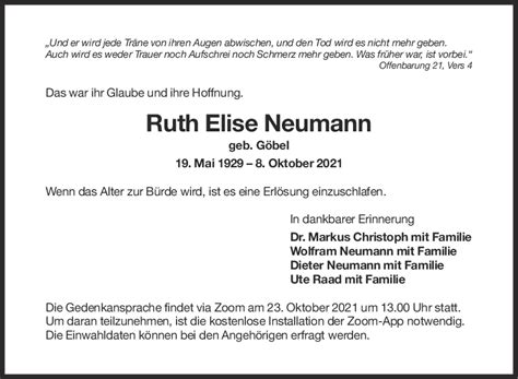 Trauer Ruth Elise Neumann Teckbote Trauerportal