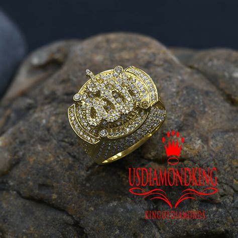 Mens 10k Real Yellow Gold Over Pure Silver Lab Diamonds Islamic Allah Pinky Ring Ebay