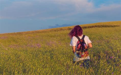 Vista Trasera De Una Mujer Caminando Por Un Campo De Hierba Alta Al