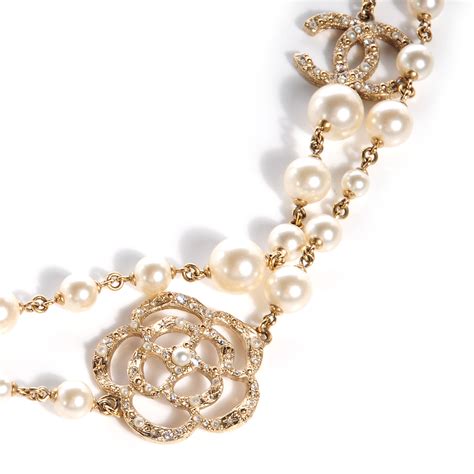 Chanel Pearl Crystal Camellia Cc Necklace Gold