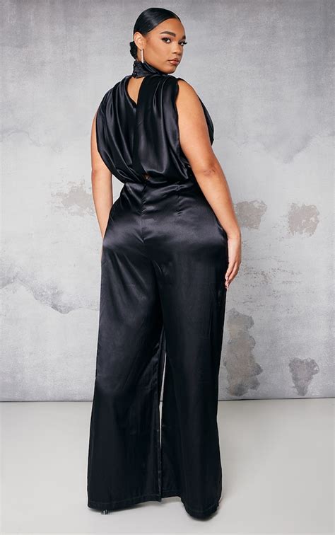 Plus Black Satin Cowl Neck Jumpsuit Prettylittlething Usa