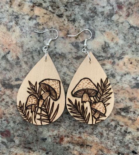 Mushroom Wood Burned Earrings Wood Burned Wood Earrings Mushroom