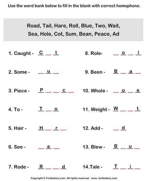 Complete The Homophones Turtle Diary Worksheet