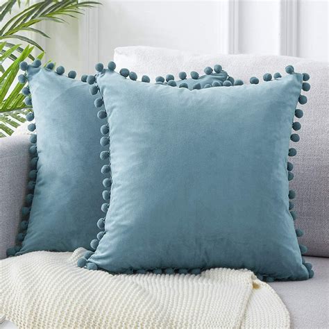 Topfinel Solid Decorative Throw Pillow Covers With Pom Poms Square Soft Velvet Cushion Covers 16