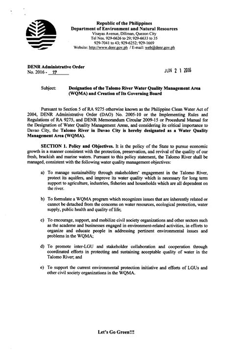 Designation Of The Talomo River Water Quality Management Area Wqma