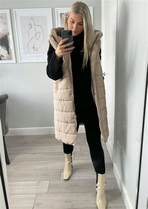 Longline Panelled Hooded Sleeveless Puffer Gilet Beige In 2022 Sleeveless Puffer Puffer