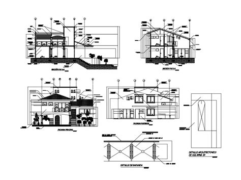 Colonial Two Story House All Sided Elevation And Sectional Details Dwg File Cadbull