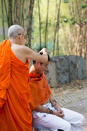 Monk Shave Mans Hair Before Buddhist Monk Ordination Ceremony Stock ...