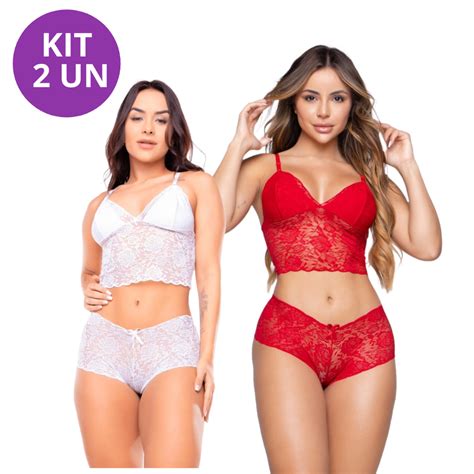 Kit Conjuntos Lingerie Feminino de Renda Caleçon e Sutiã Sem Bojo Conjunto Espera Marido