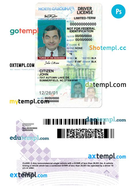 USA North Carolina State Vertical Driving License Editable PSD Template