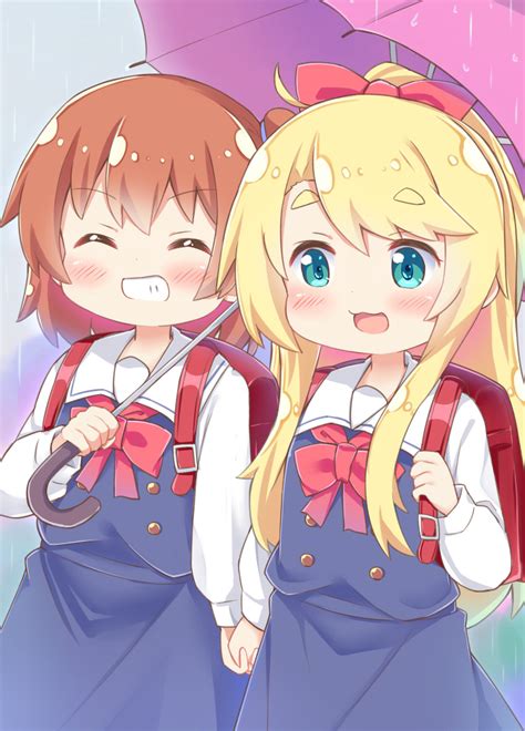 Safebooru 2girls 3 Absurdres Backpack Bag Bangs Blonde Hair Blue Dress Blush Bow Brown Hair