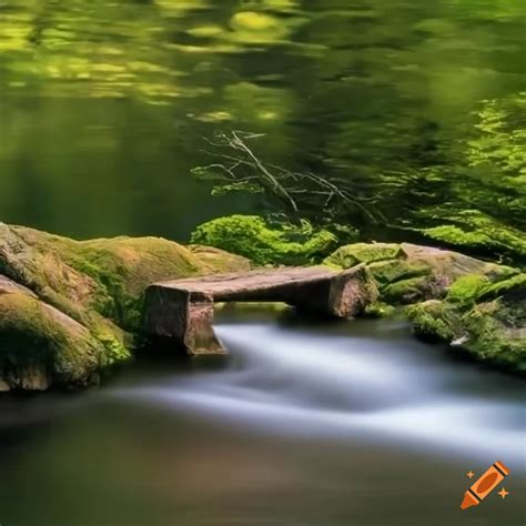 Natural Single Stone Bridge Across The Small Water River Background Trees