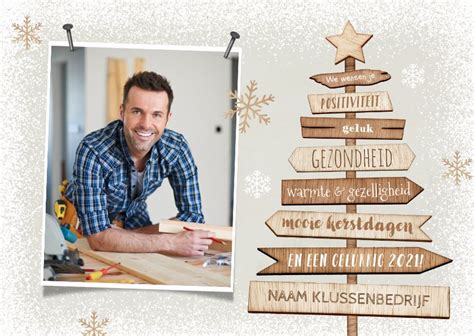 Kerstkaart Kerstboom Hout Zakelijk Foto Sneeuw Kaartje Go