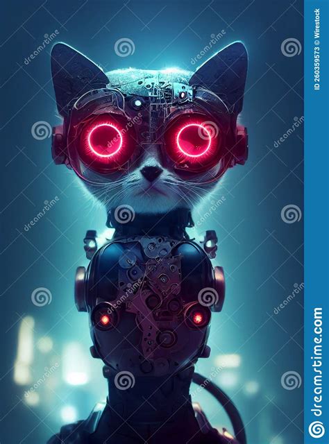 Gato Ciborg Con Ojos Rojos Contra Fondo Azul Borroso Stock De