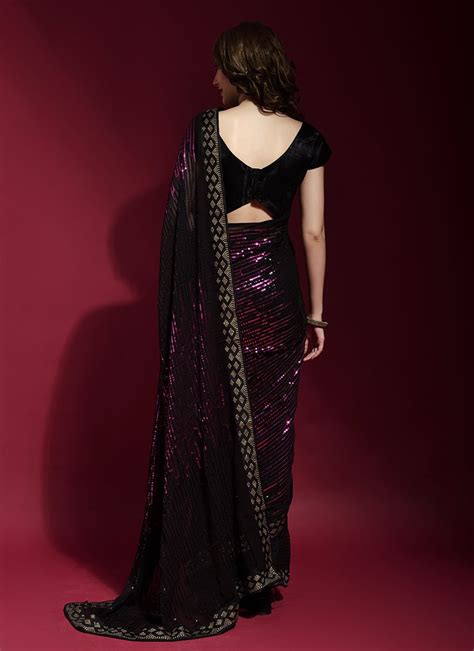 Shop Black Georgette Sequins Embroidery Work Saree Party Wear In India