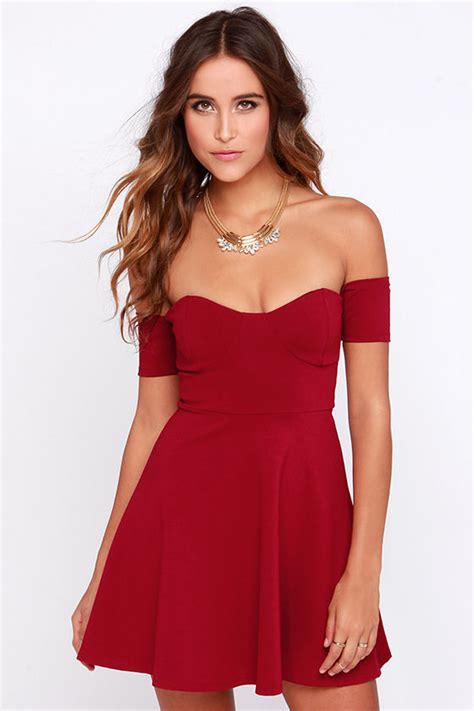 Sexy Wine Red Dress Off The Shoulder Dress Skater Dress 44 00