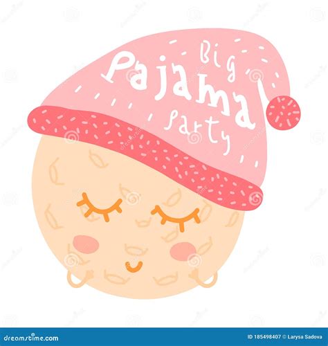 Pajama Party Poster With Funny Doodle Moon In Sleep Hat Character Big