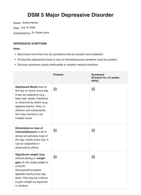 Dsm 5 Major Depressive Disorder Criteria Checklist Free Pdf Download