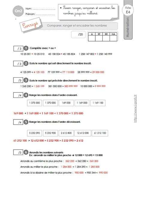 CM2 EVALUATION Comparer Et Ranger Les Nombres