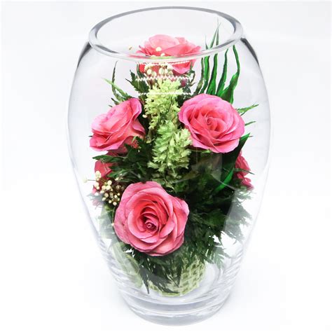 40337 Long Lasting Pink Roses In A Elliptical Round Glass Vase — Fiora Flower