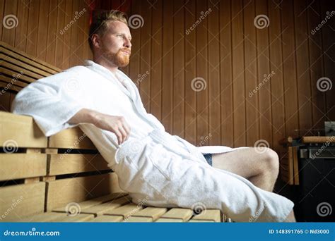 Handsome Man Relaxing In Sauna And Staying Healthy Stock Image Image