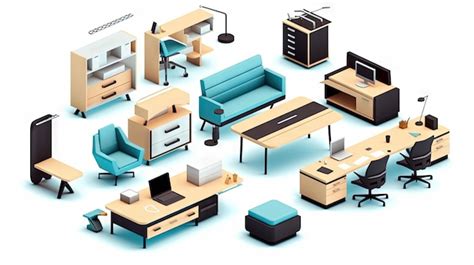 Set Of Isometric Office Furniture With Desk And Chair Icons Premium