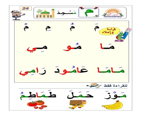 أنشطة قرائية للأصوات القصيرة و الطويلة لحرف الميم حروفي